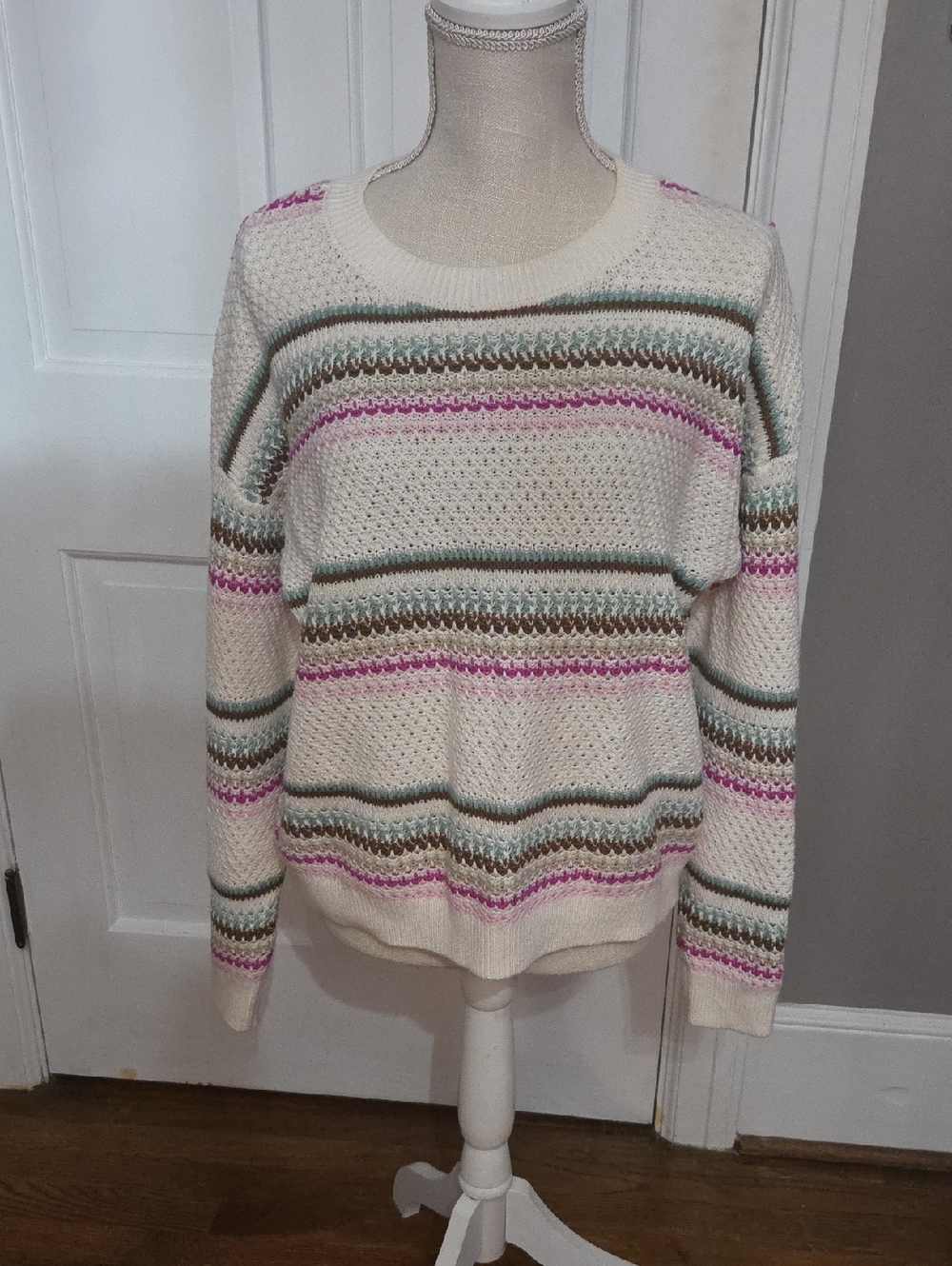 LOFT Cream Striped Crewneck Sweater with Pink, Brown, & Green Accents